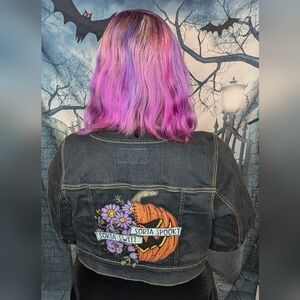 Upcycled Torrid black denim crop jacket sort of spooky sort of sweet w/ pins 2X